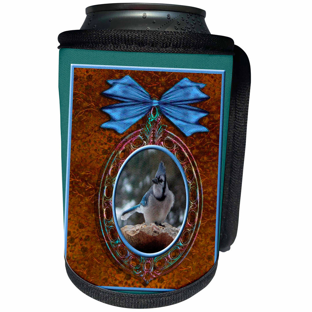 3dRose Beverly Turner Christmas Design and Photography - Bluejay Ornament with Blue Bow - Can Cooler Bottle Wrap (cc_27319)