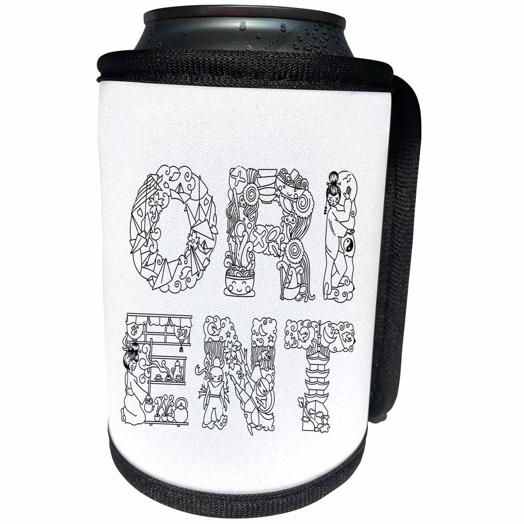 3dRose Alexis Design - Japan - Orient decorative text in two lines - black on white - Can Cooler Bottle Wrap (cc_273209)