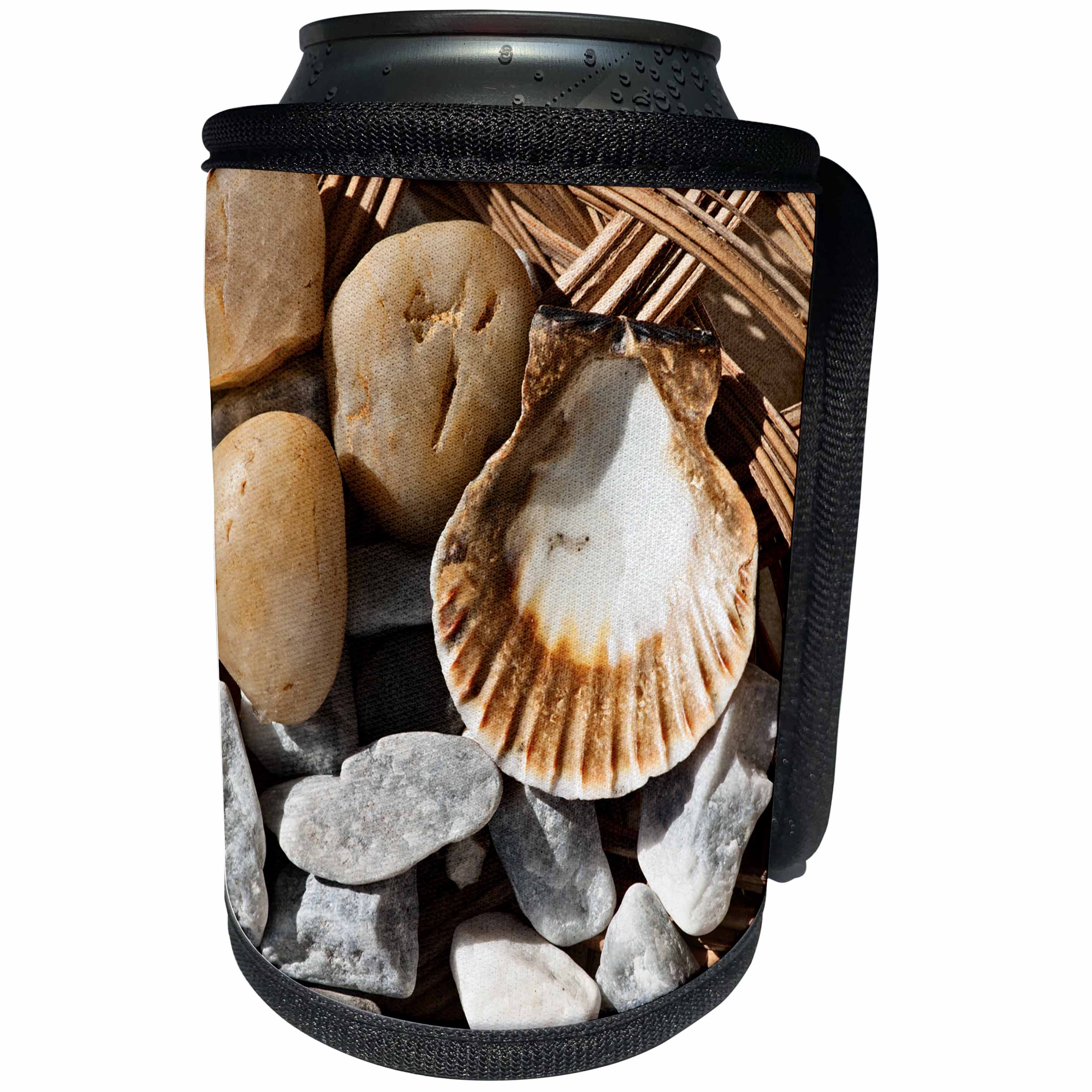 3dRose Alexis Photography - Objects - Grey and brown pebbles and a sea shell on a wicker plate - Can Cooler Bottle Wrap (cc_273238)