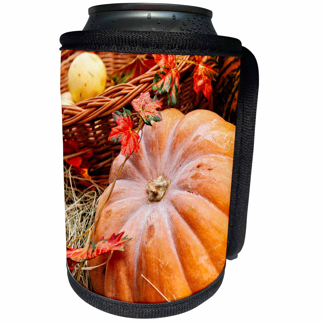 3dRose Alexis Photography - Food Pumpkin - Fresh pumpkin, hay, decorative leaves. Autumn scene - Can Cooler Bottle Wrap (cc_273280)