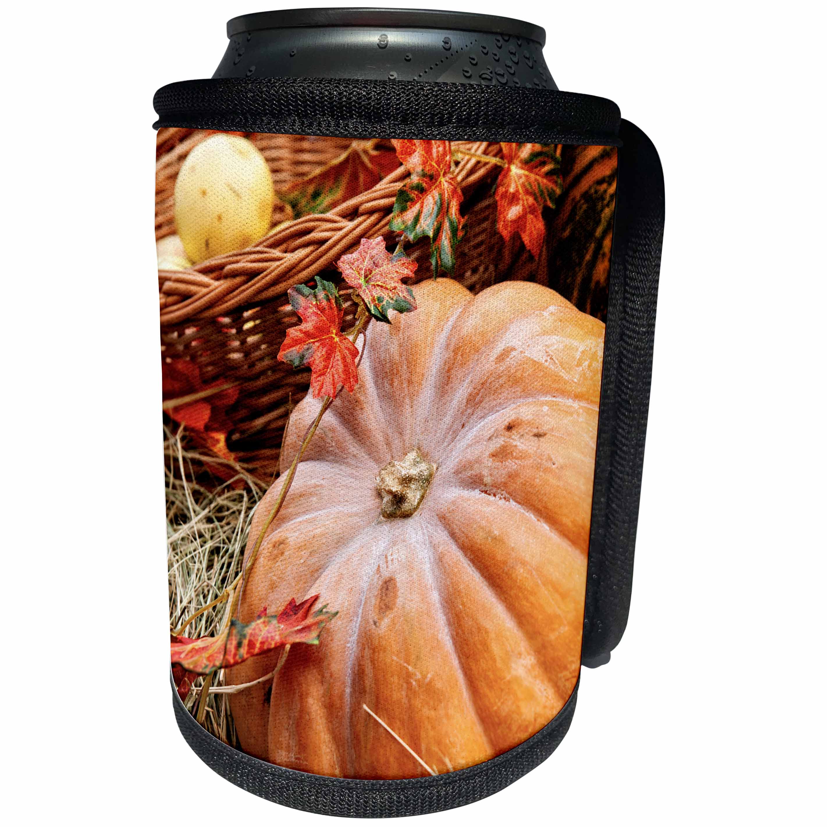 3dRose Alexis Photography - Food Pumpkin - Fresh pumpkin, hay, decorative leaves. Autumn scene - Can Cooler Bottle Wrap (cc_273280)