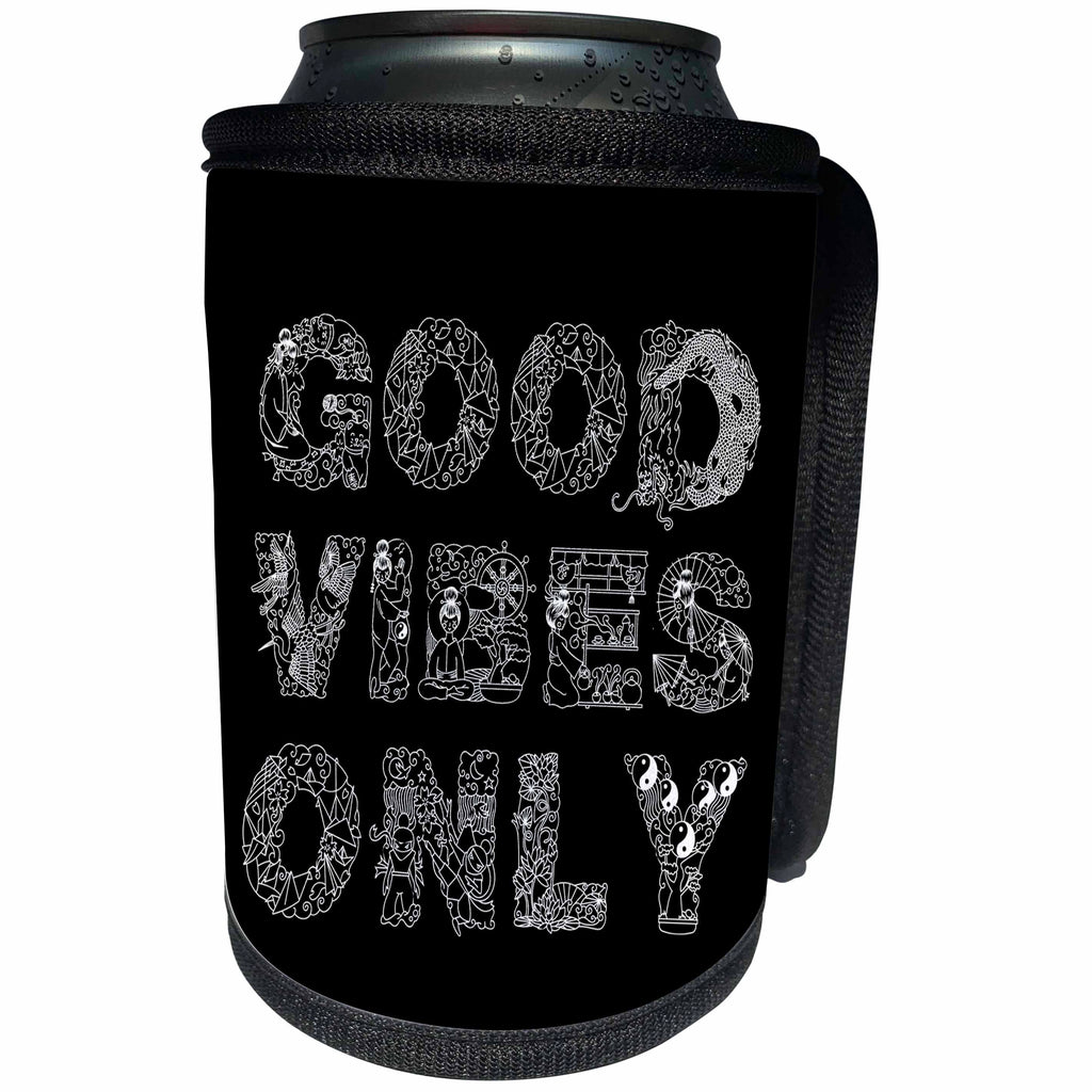 3dRose Alexis Design - Decorative Text - Good Vibes Only beautiful decorative text on black - Can Cooler Bottle Wrap (cc_273310)