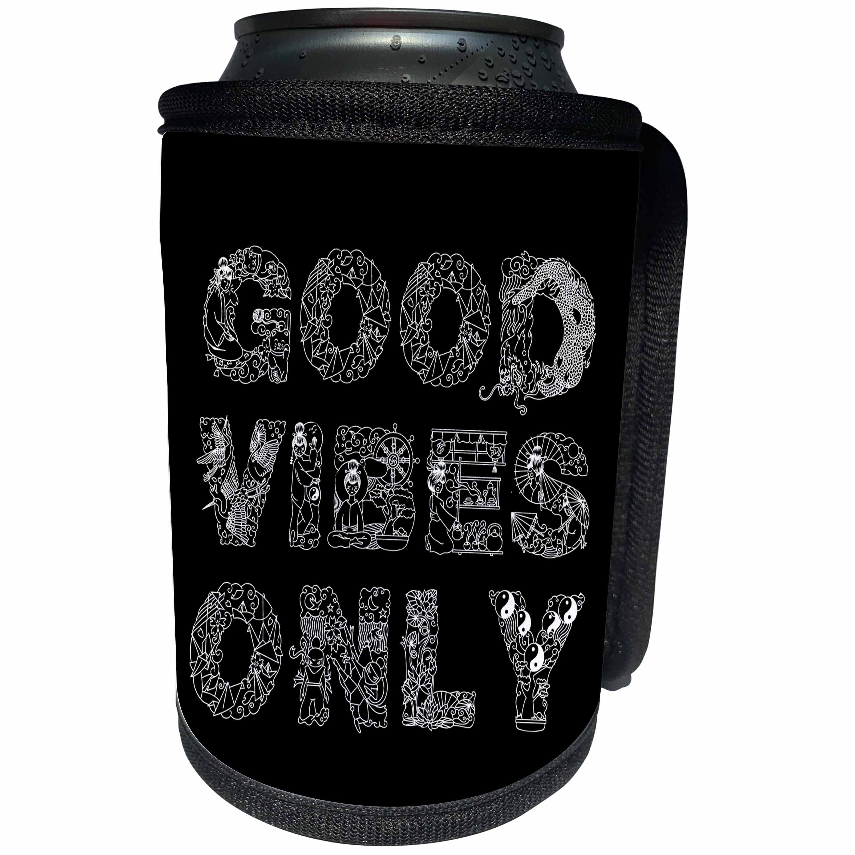3dRose Alexis Design - Decorative Text - Good Vibes Only beautiful decorative text on black - Can Cooler Bottle Wrap (cc_273310)