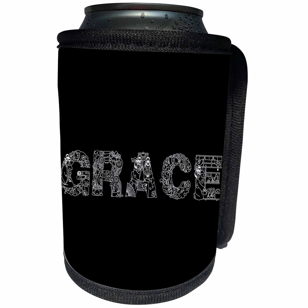 3dRose Alexis Design - Decorative Text - Grace - beautiful decorative text on black - Can Cooler Bottle Wrap (cc_273312)