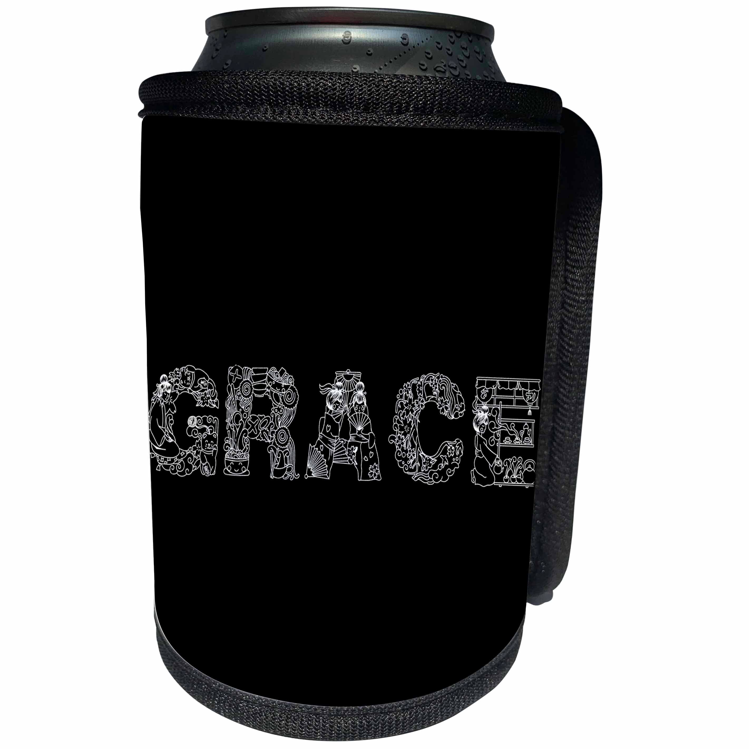 3dRose Alexis Design - Decorative Text - Grace - beautiful decorative text on black - Can Cooler Bottle Wrap (cc_273312)