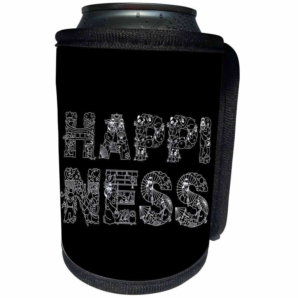 3dRose Alexis Design - Decorative Text - Happiness - beautiful decorative text in two rows on black - Can Cooler Bottle Wrap (cc_273314)
