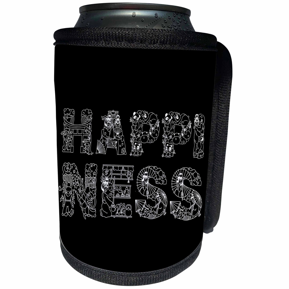 3dRose Alexis Design - Decorative Text - Happiness - beautiful decorative text in two rows on black - Can Cooler Bottle Wrap (cc_273314)