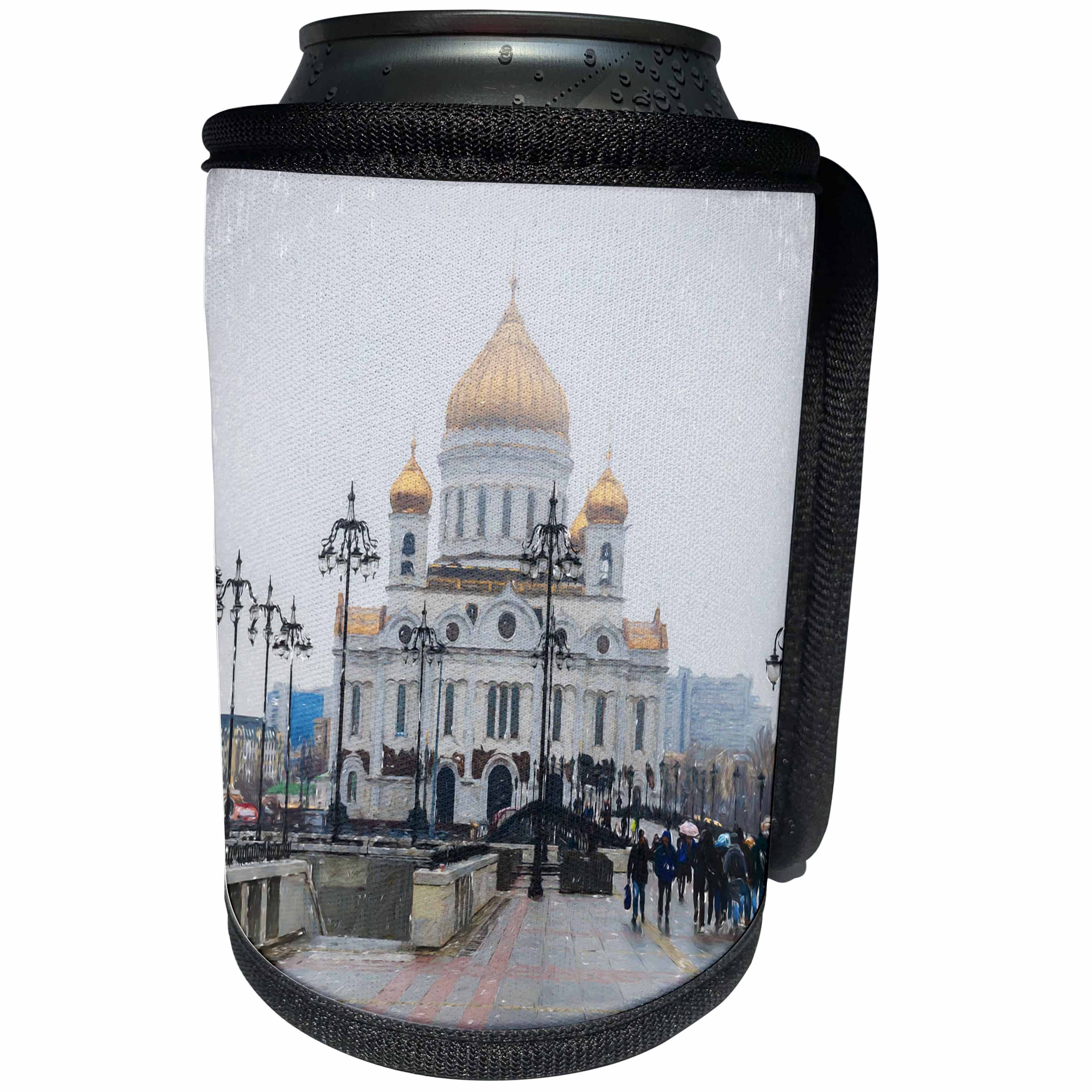 3dRose Alexis Photo-Art - Moscow City - Moscow Digital Photo Art Cathedral of Christ the Savior in rainy day - Can Cooler Bottle Wrap (cc_273350)