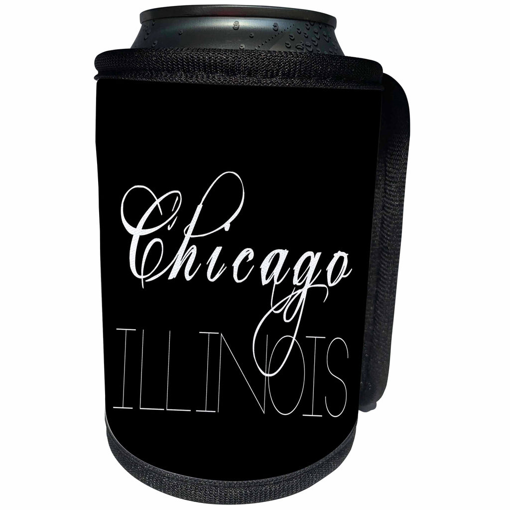 3dRose Alexis Design - Cities of the world - Cities Of The World - Chicago, Illinois on black background - Can Cooler Bottle Wrap (cc_273360)