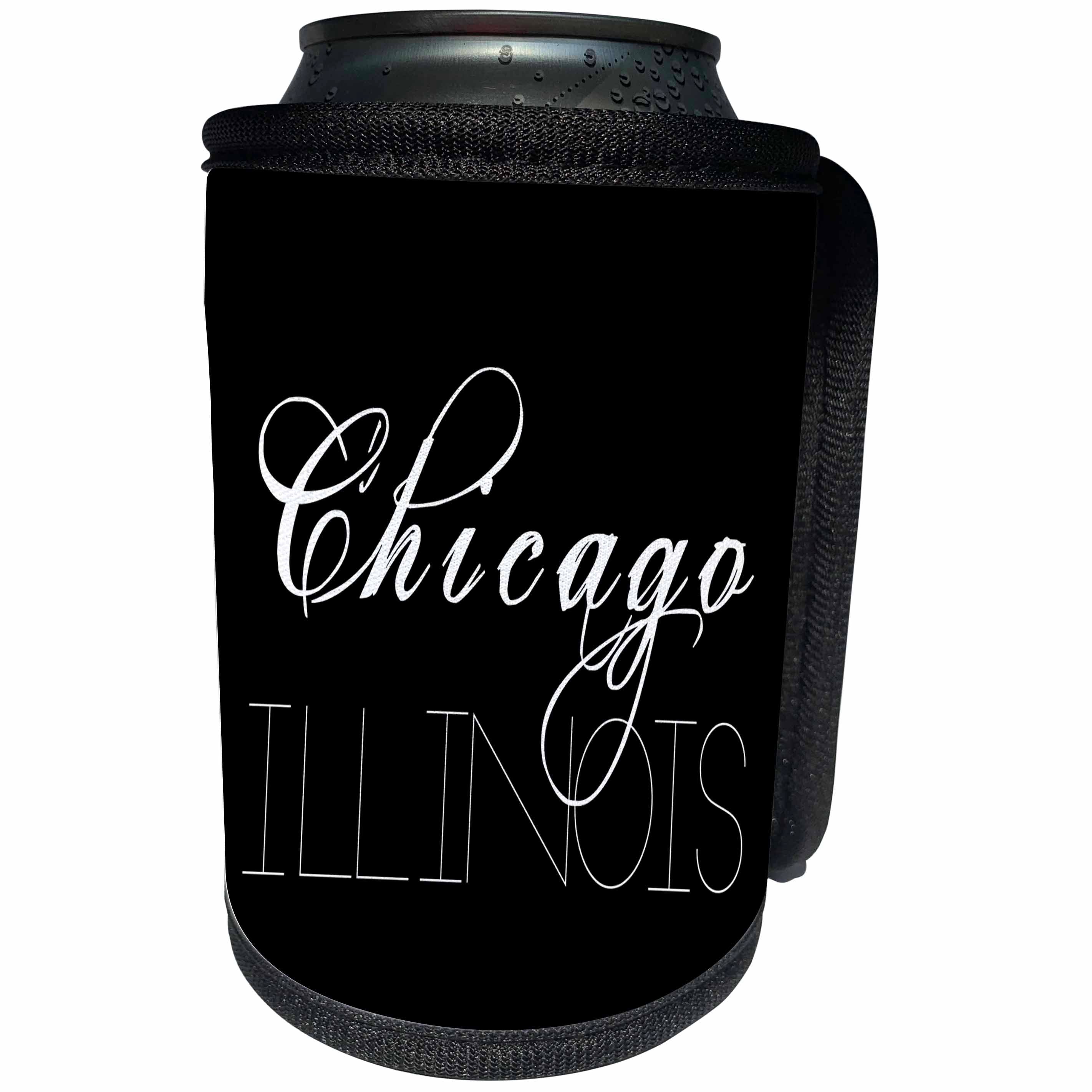 3dRose Alexis Design - Cities of the world - Cities Of The World - Chicago, Illinois on black background - Can Cooler Bottle Wrap (cc_273360)