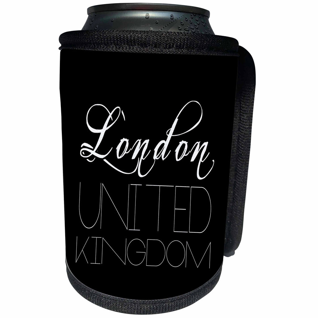 3dRose Alexis Design - Cities of the world - Cities Of The World - London, United Kingdom on black background - Can Cooler Bottle Wrap (cc_273363)