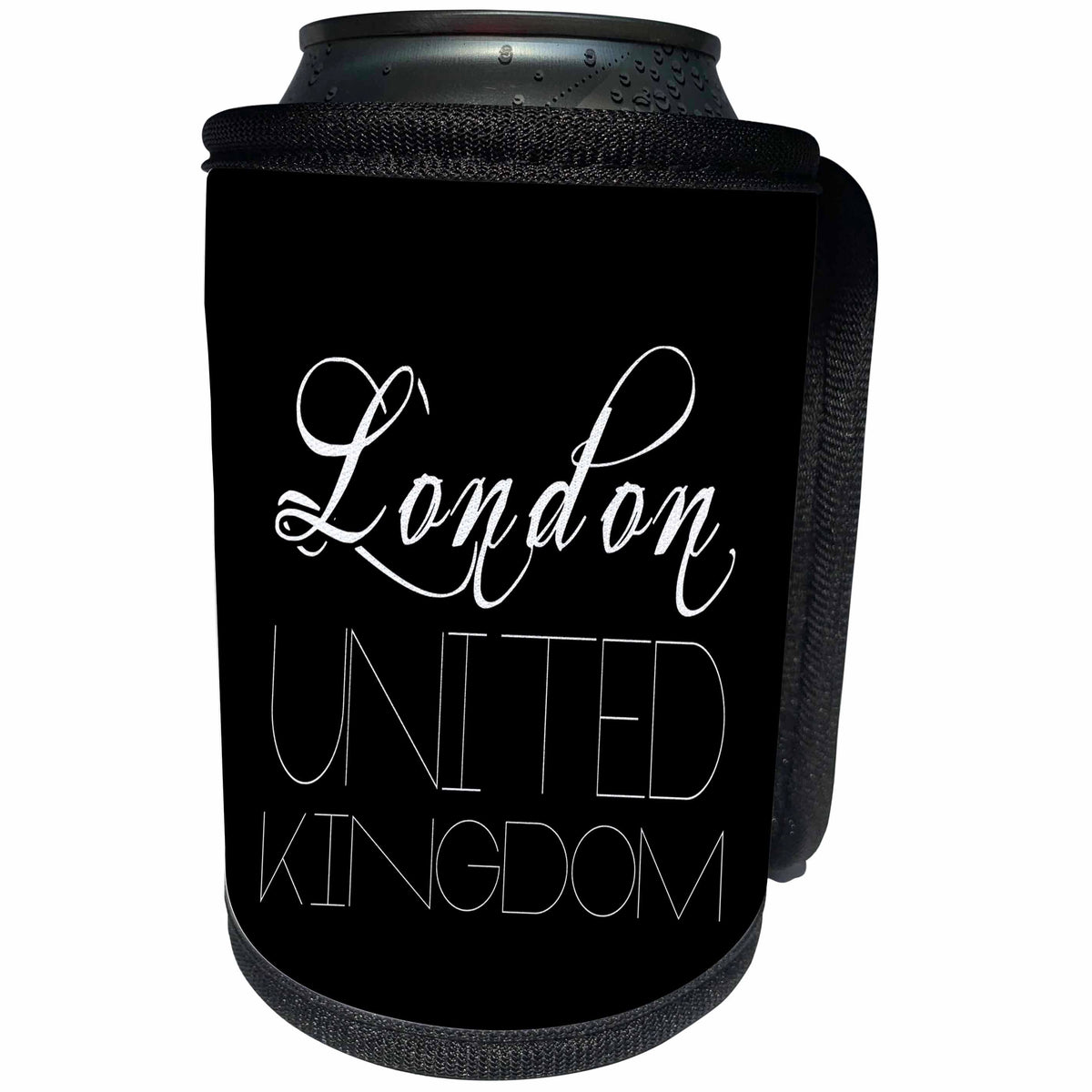 3dRose Alexis Design - Cities of the world - Cities Of The World - London, United Kingdom on black background - Can Cooler Bottle Wrap (cc_273363)