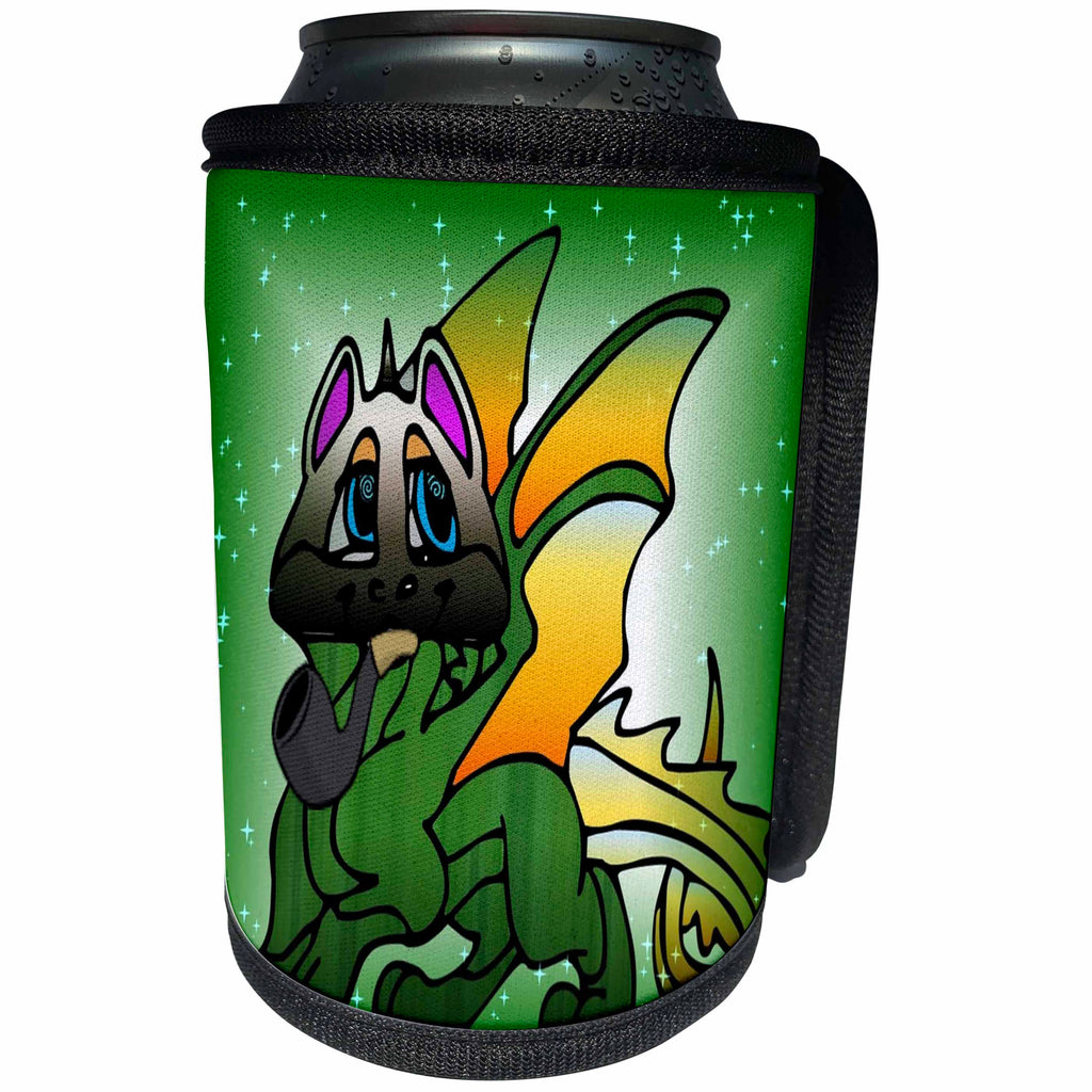 3dRose Cartoon Animal Humor - Image of Cartoon Beautiful Chinese Dragon Smoking A Pipe - Can Cooler Bottle Wrap (cc_273380)