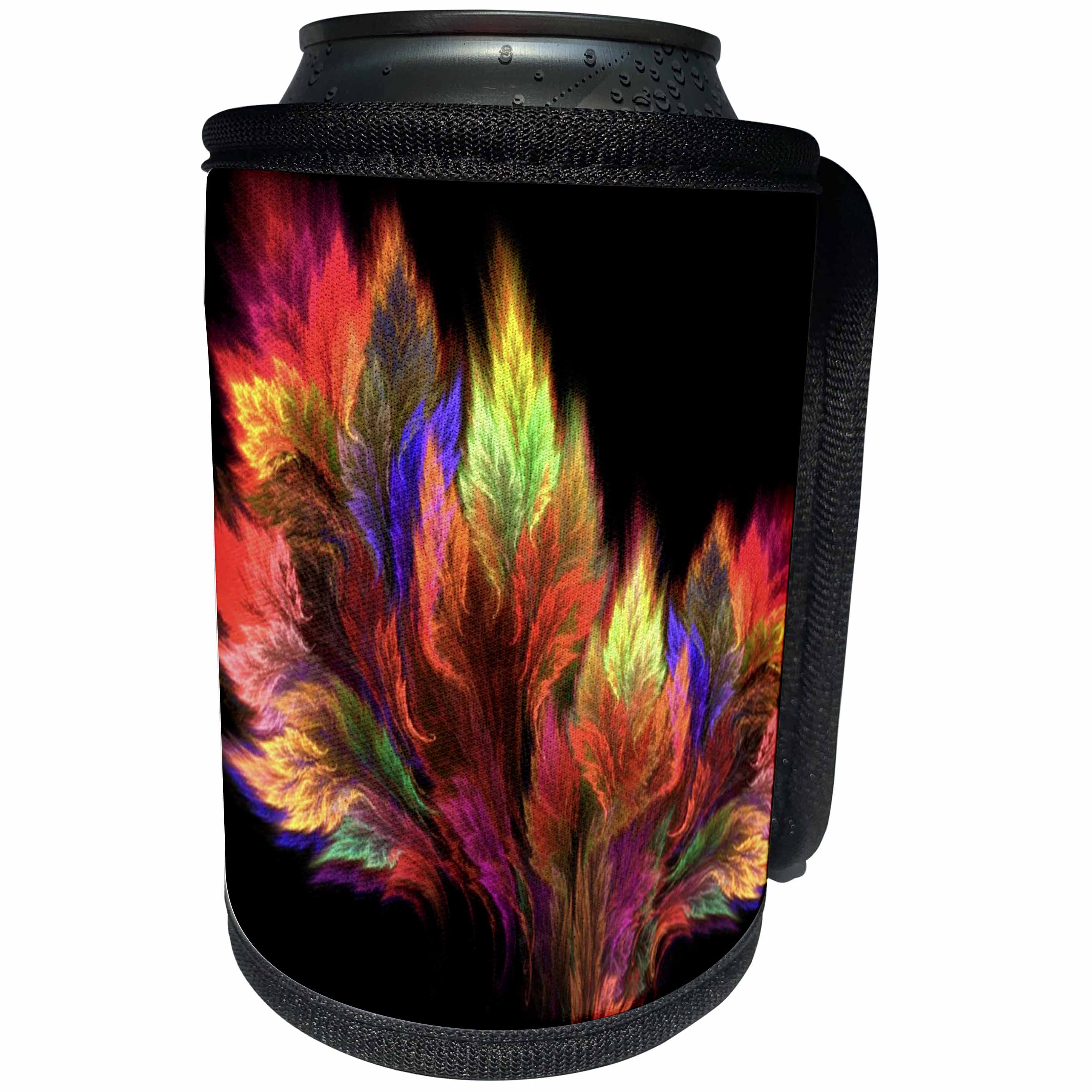 3dRose Fractal Abstracts - Image of Fractal Multi Color Melting Feathers On Black - Can Cooler Bottle Wrap (cc_273393)