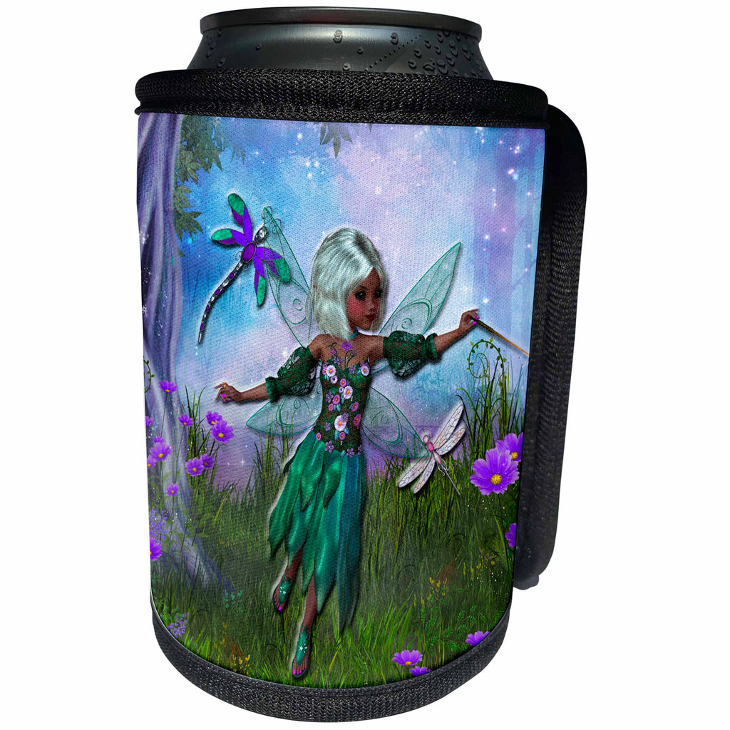 3dRose Spiritual Awakenings Fantasy - Beautiful Fairy, Garden and Dragonflies - Can Cooler Bottle Wrap (cc_273415)