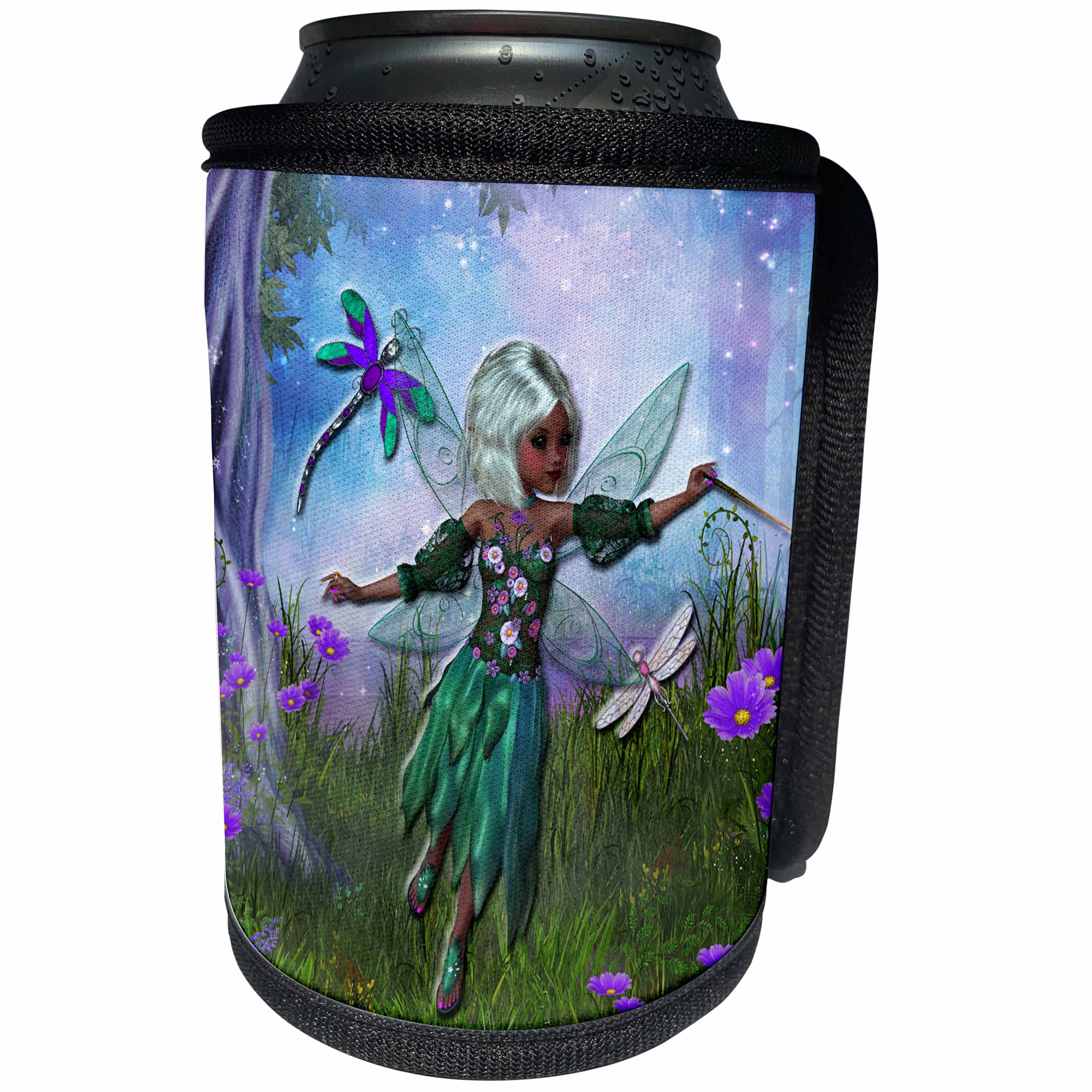 3dRose Spiritual Awakenings Fantasy - Beautiful Fairy, Garden and Dragonflies - Can Cooler Bottle Wrap (cc_273415)