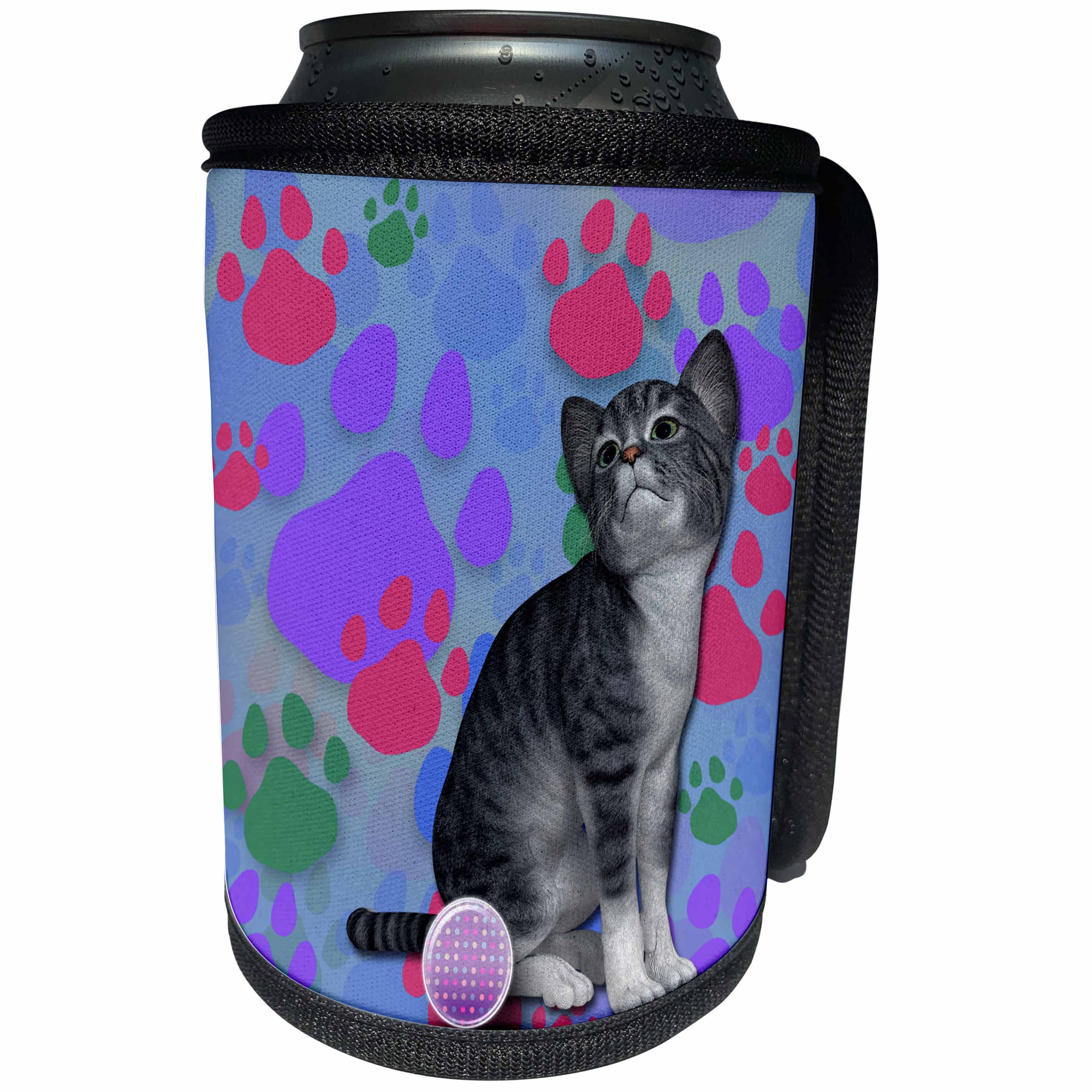 3dRose Spiritual Awakenings Animals Cats - Adorable Cat and Paw Prints Colorful Original Print - Can Cooler Bottle Wrap (cc_273422)
