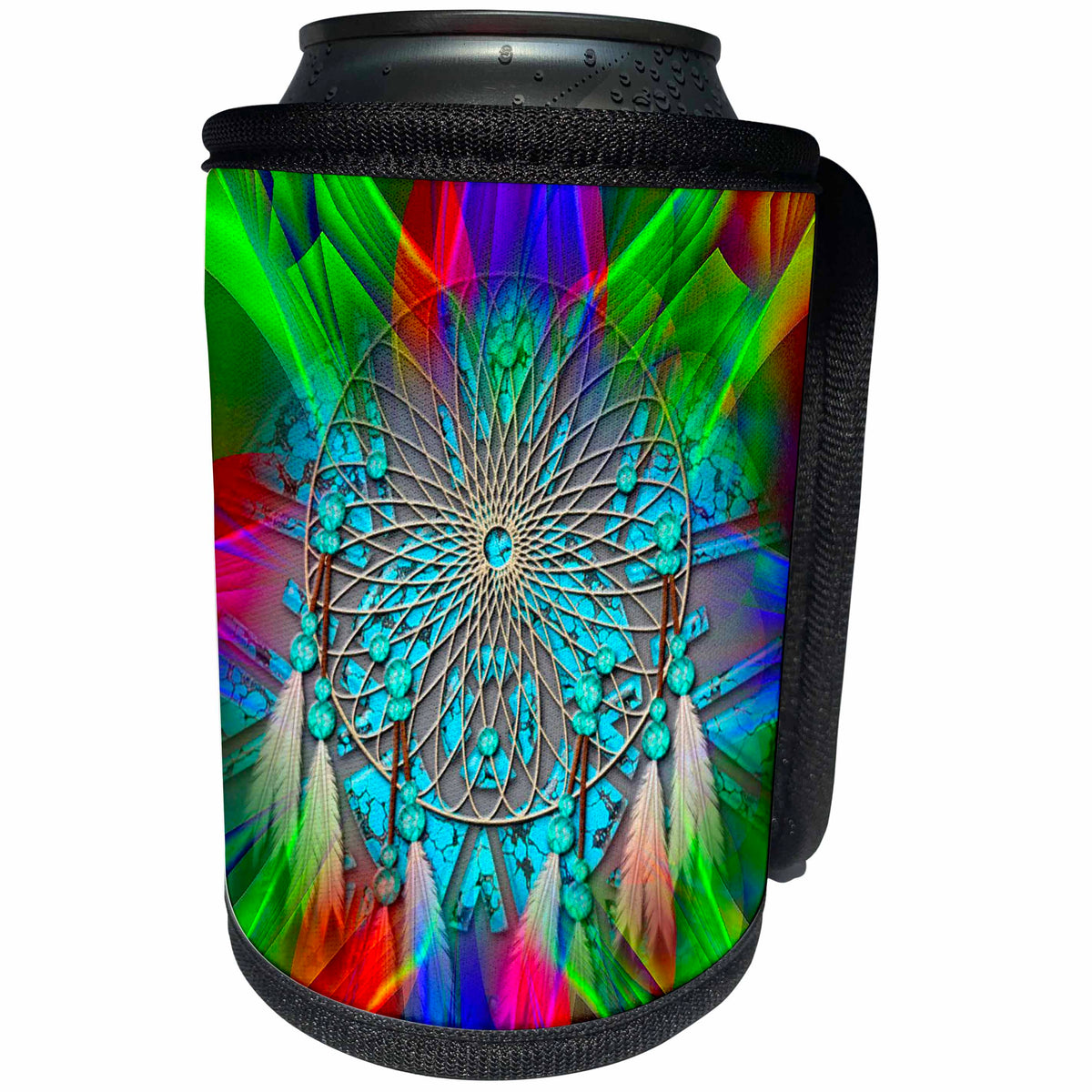 3dRose Spiritual Awakenings Native American Indian - Abstract bright fractal colors with a Indian Dream Catcher - Can Cooler Bottle Wrap (cc_273427)