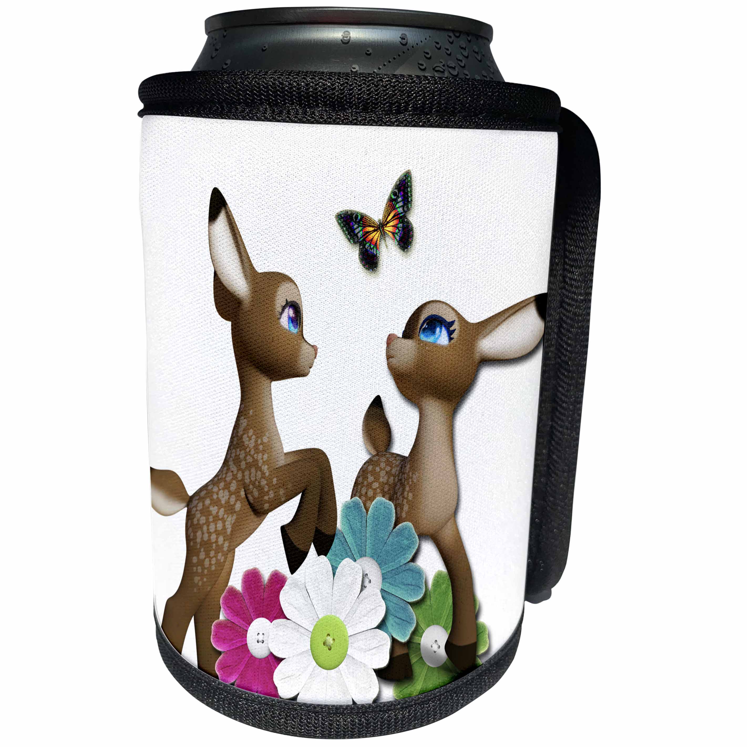 3dRose Spiritual Awakenings Animals - Adorable Baby Fawns playing garden with butterfly - Can Cooler Bottle Wrap (cc_273428)