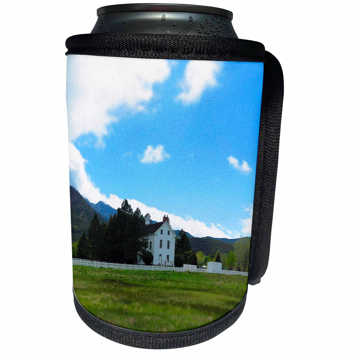 3dRose Jos Fauxtographee- Miniature Historical Chapel - A miniature looking Chapel in Pine Valley Utah with blue sky - Can Cooler Bottle Wrap (cc_273459)