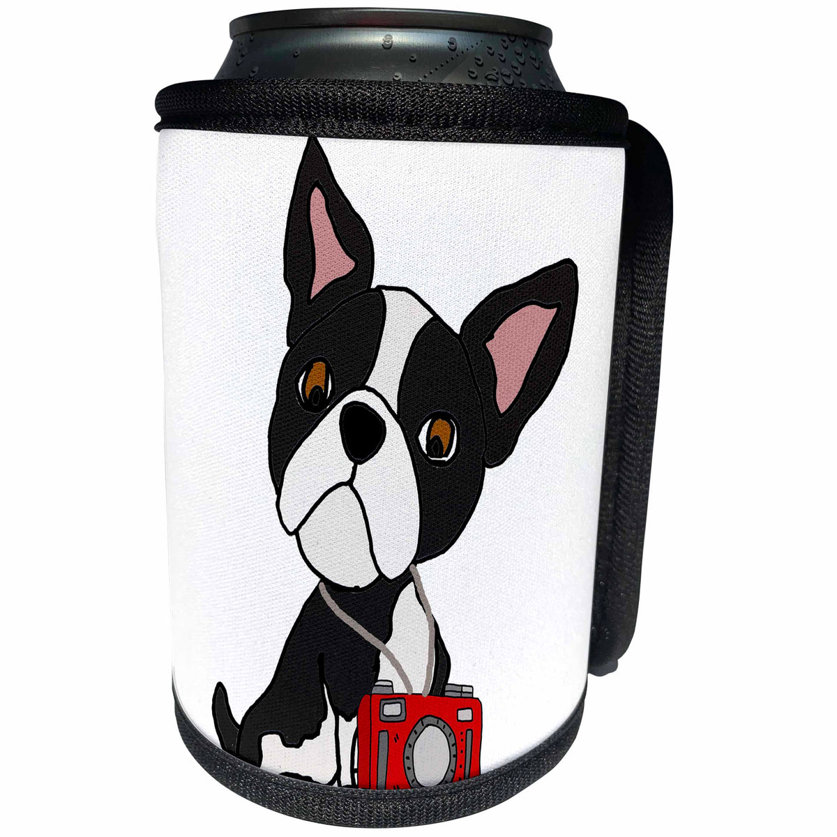 3dRose All Smiles Art Sports and Hobbies - Funny Cute Boston Terrier Dog Taking Photos with Camera - Can Cooler Bottle Wrap (cc_273468)