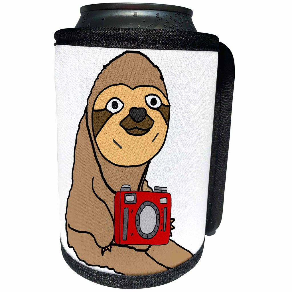 3dRose All Smiles Art Sports and Hobbies - Funny Cool Sloth Taking Photos with camera - Can Cooler Bottle Wrap (cc_273469)