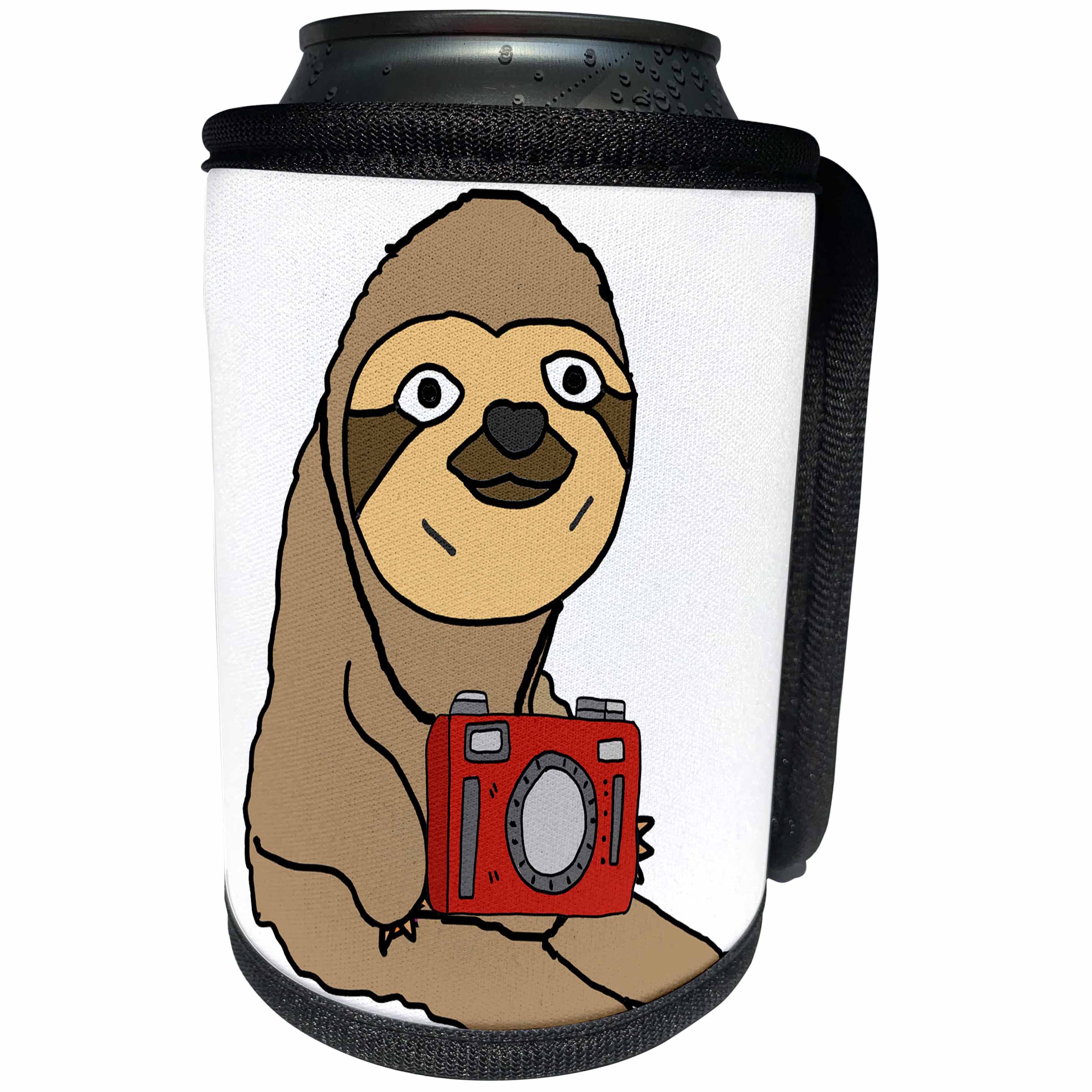 3dRose All Smiles Art Sports and Hobbies - Funny Cool Sloth Taking Photos with camera - Can Cooler Bottle Wrap (cc_273469)