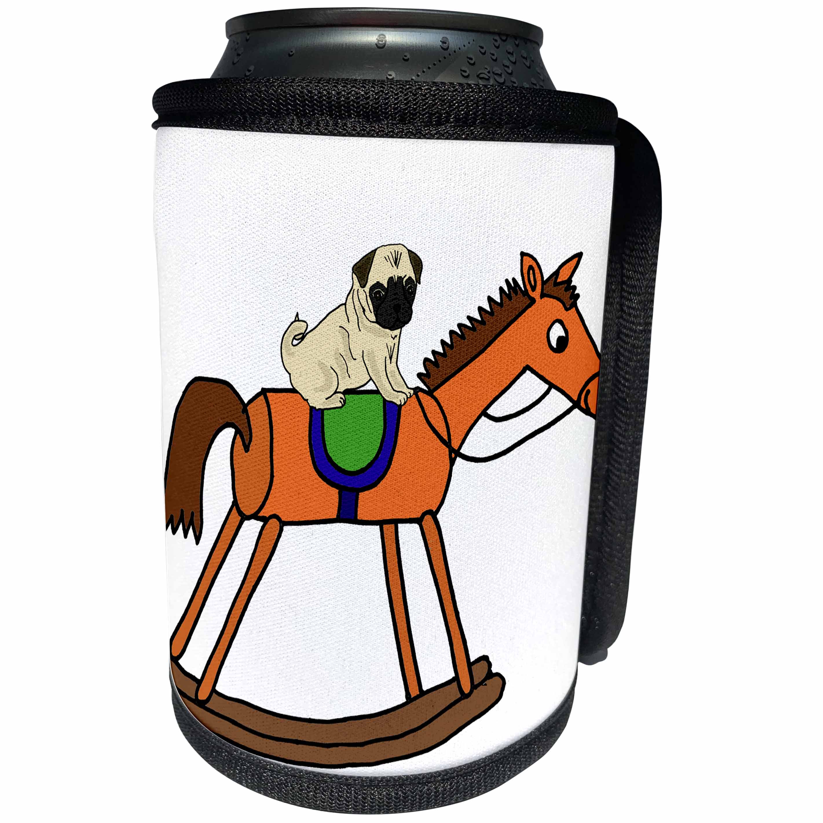 3dRose All Smiles Art Pets - Cool Humorous Pug Dog Riding Rocking Horse Cartoon - Can Cooler Bottle Wrap (cc_273478)