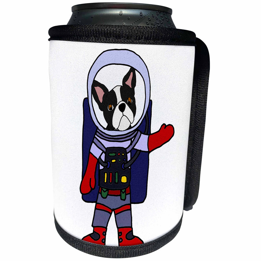 3dRose All Smiles Art Pets - Funny Cool Boston Terrier Dog Astronaut Space Cartoon - Can Cooler Bottle Wrap (cc_273482)
