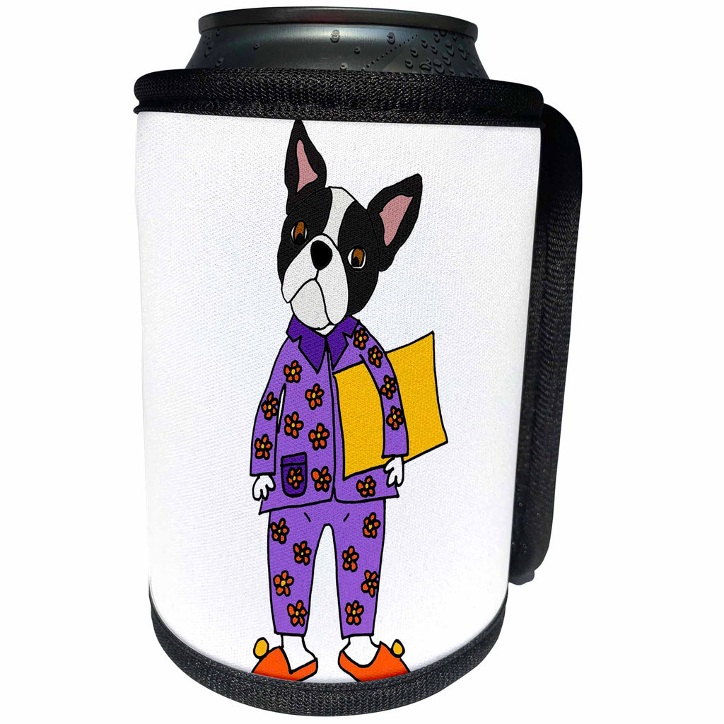 3dRose All Smiles Art Pets - Funny Funky Boston Terrier Dog in Purple Flowered pajamas - Can Cooler Bottle Wrap (cc_273485)