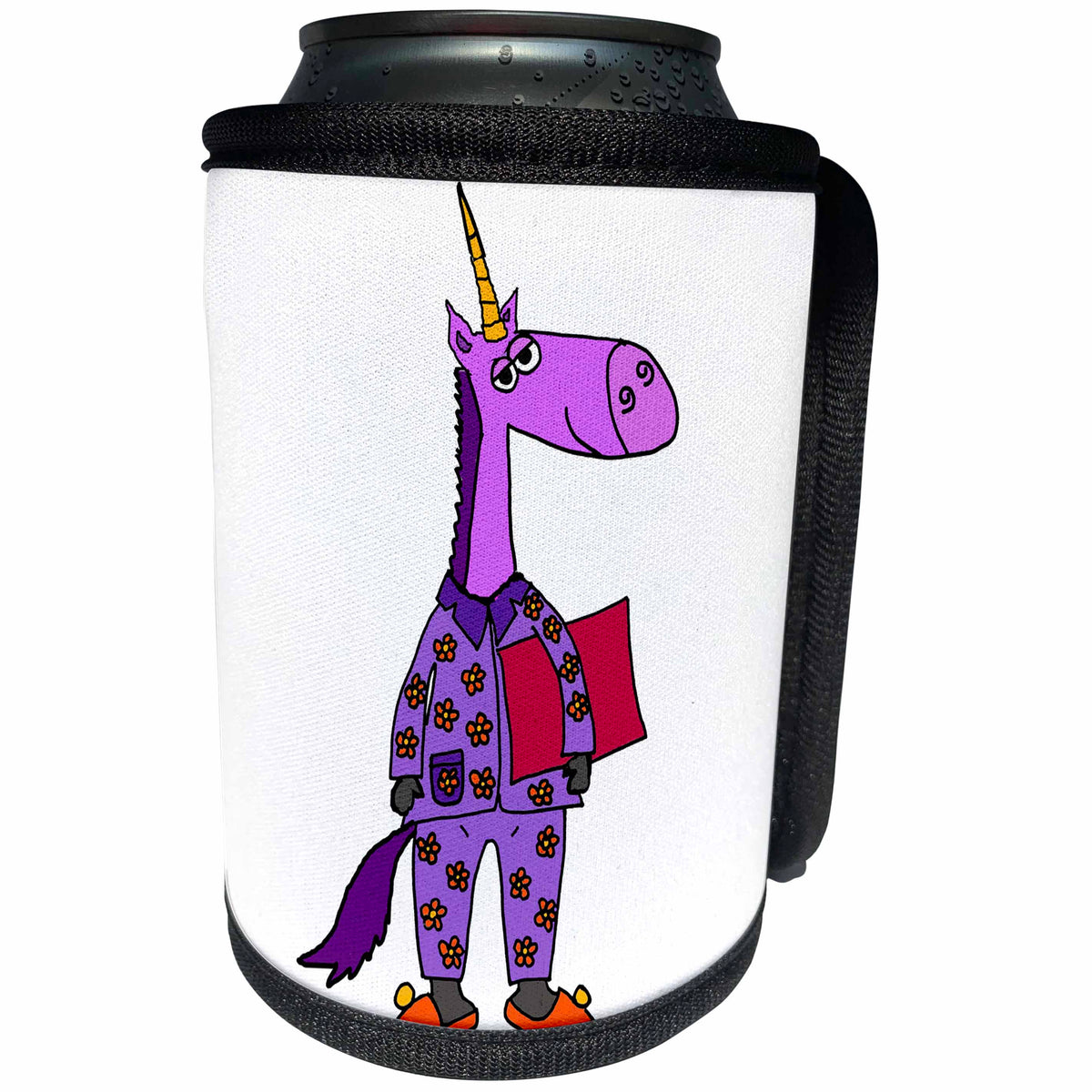 3dRose All Smiles Art Dragons and Unicorns - Funny Cute Purple Unicorn in Flowered Pajamas - Can Cooler Bottle Wrap (cc_273486)