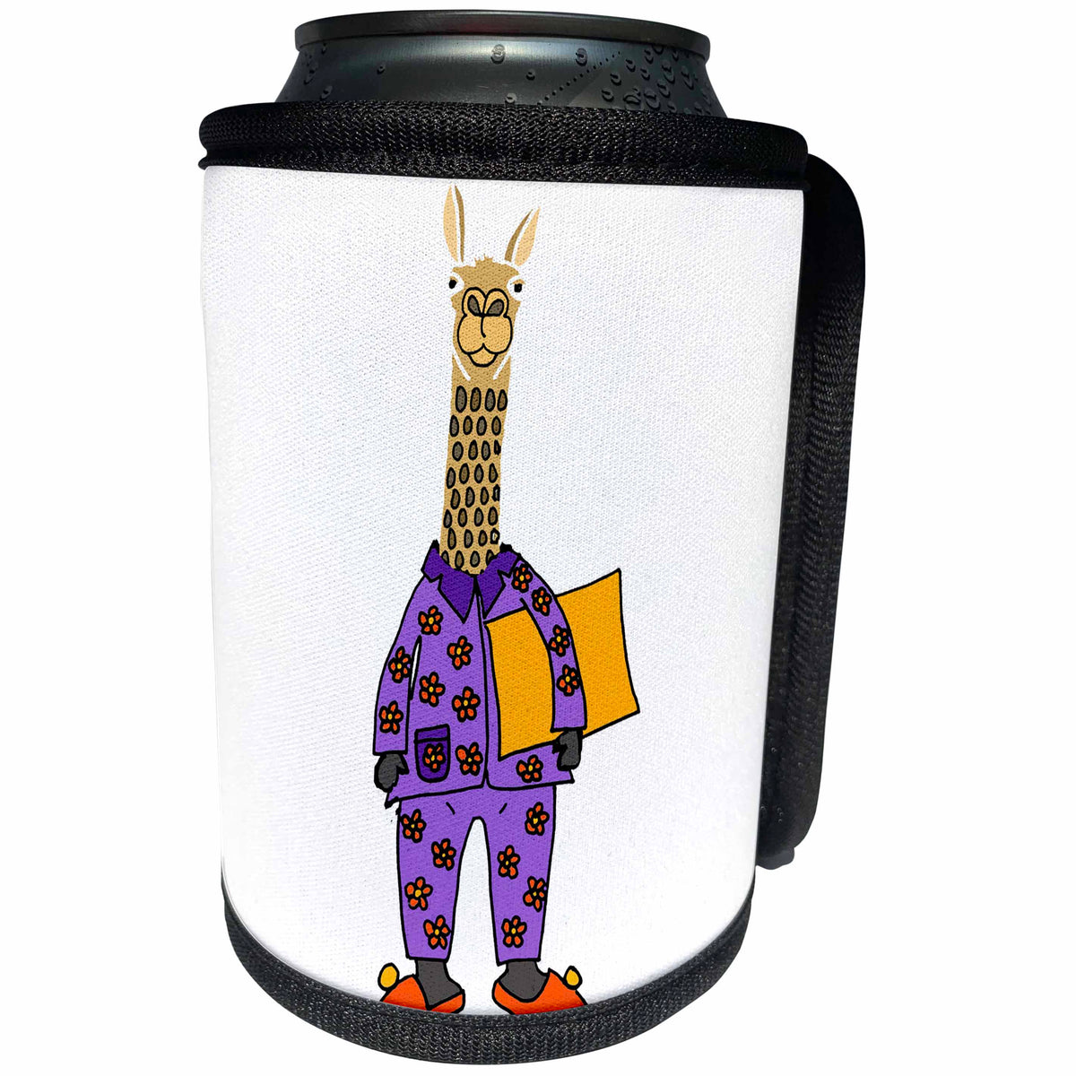 3dRose All Smiles Art Animals - Funny Silly Llama wearing Purple Flowered Pajamas - Can Cooler Bottle Wrap (cc_273487)