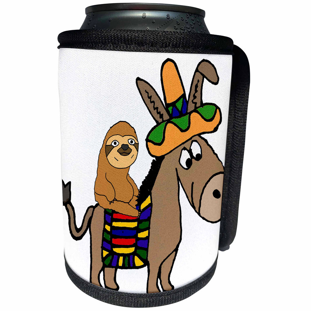 3dRose All Smiles Art Animals - Funny Cool Sloth Riding Mexican Burro with Sombrero - Can Cooler Bottle Wrap (cc_273488)