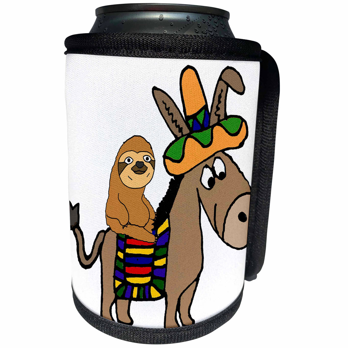 3dRose All Smiles Art Animals - Funny Cool Sloth Riding Mexican Burro with Sombrero - Can Cooler Bottle Wrap (cc_273488)