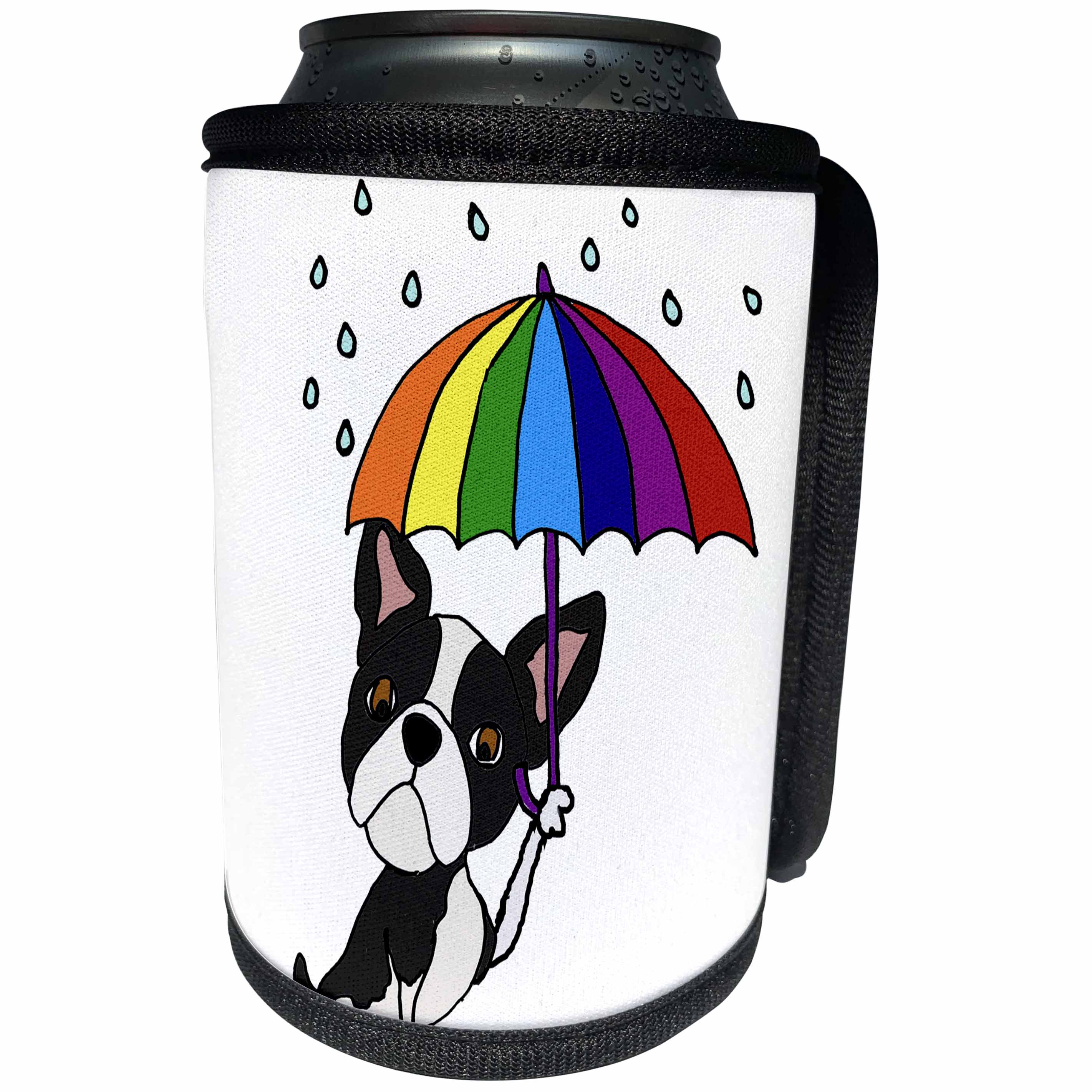 3dRose All Smiles Art Pets - Cute Funny Boston Terrier Dog with Rainbow Umbrella Cartoon - Can Cooler Bottle Wrap (cc_273490)