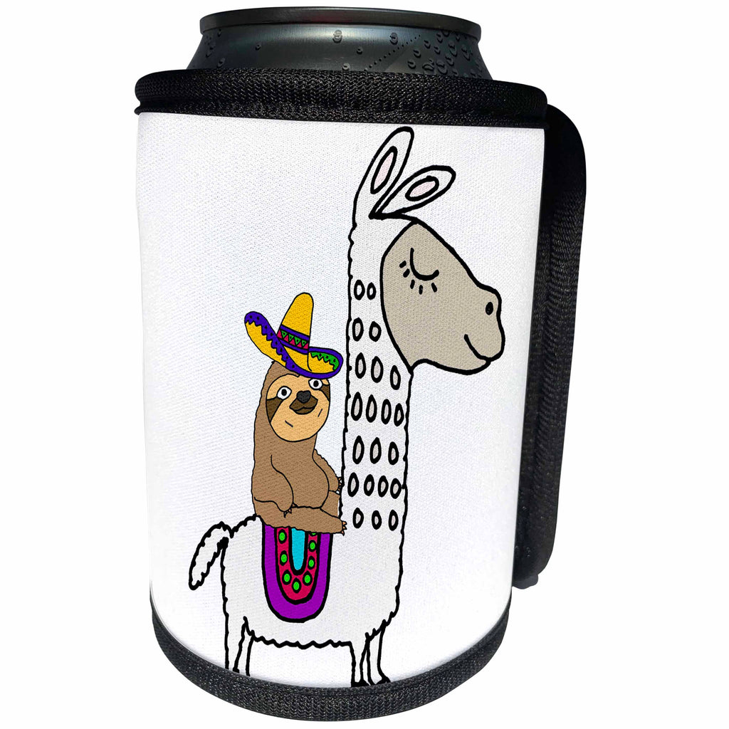 3dRose All Smiles Art Animals - Funny Cute Sloth with Sombrero Riding White Llama Cartoon - Can Cooler Bottle Wrap (cc_273492)