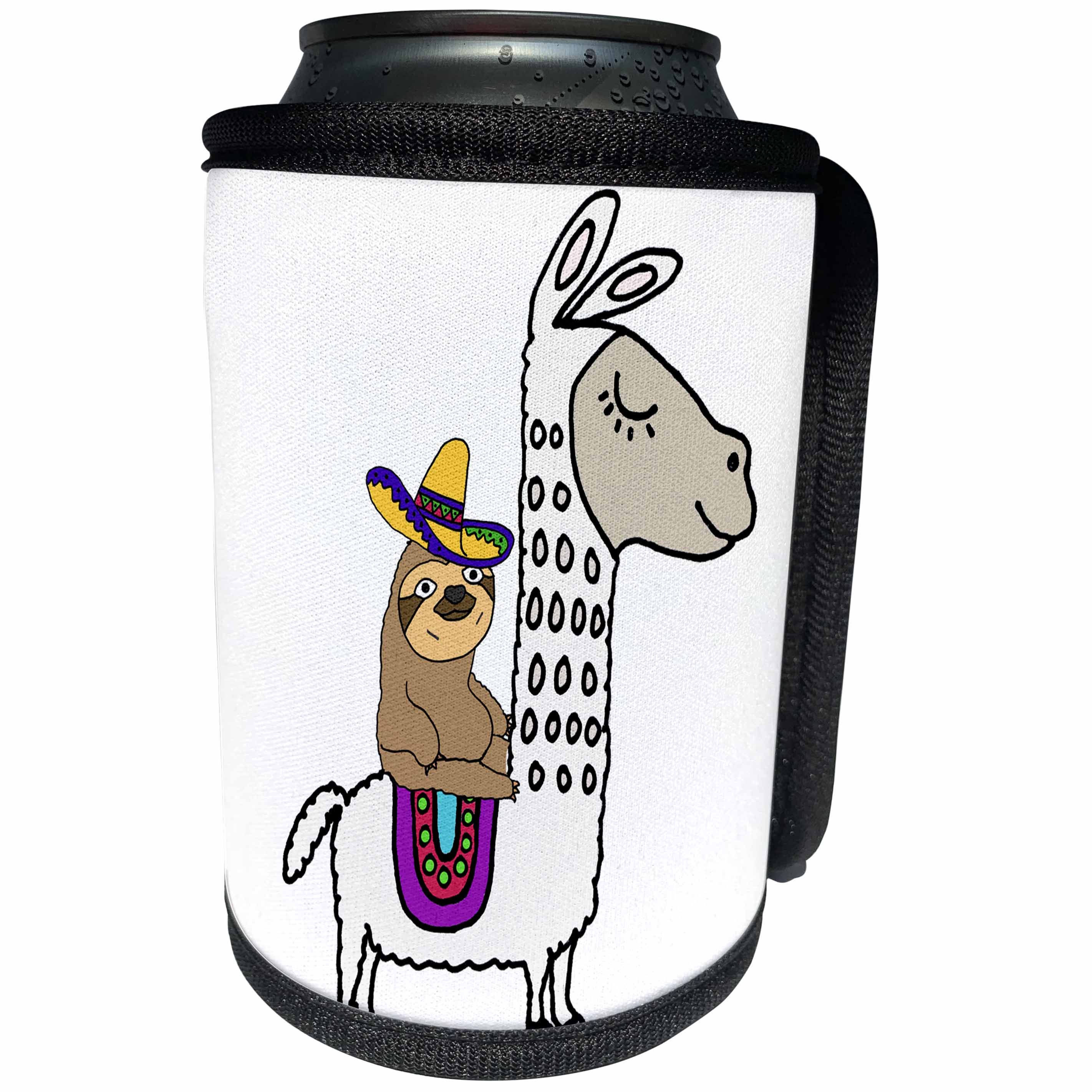 3dRose All Smiles Art Animals - Funny Cute Sloth with Sombrero Riding White Llama Cartoon - Can Cooler Bottle Wrap (cc_273492)
