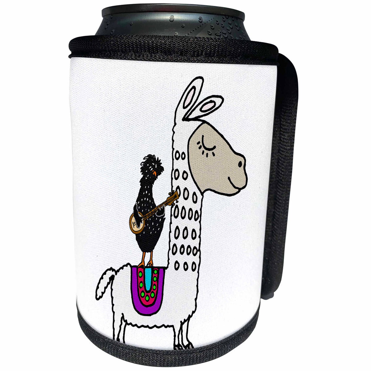 3dRose All Smiles Art Music - Cool Funny Polish Chicken Playing banjo Riding White Llama - Can Cooler Bottle Wrap (cc_273495)