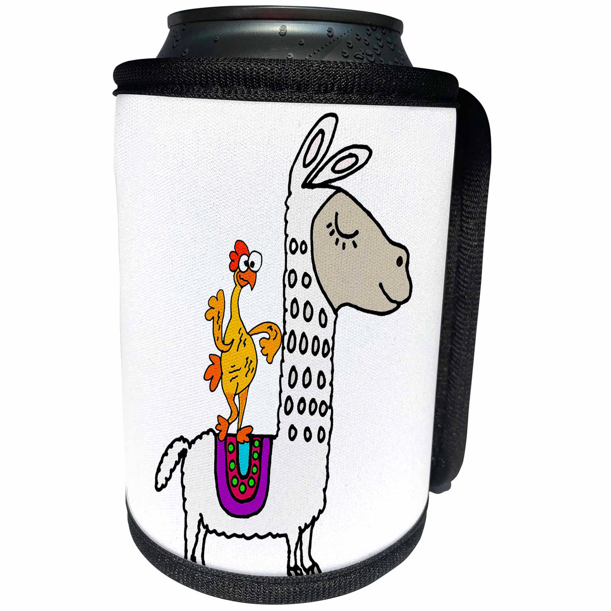 3dRose All Smiles Art Funny - Fantastic Cute Funny Rubber Chicken Riding White Llama - Can Cooler Bottle Wrap (cc_273497)