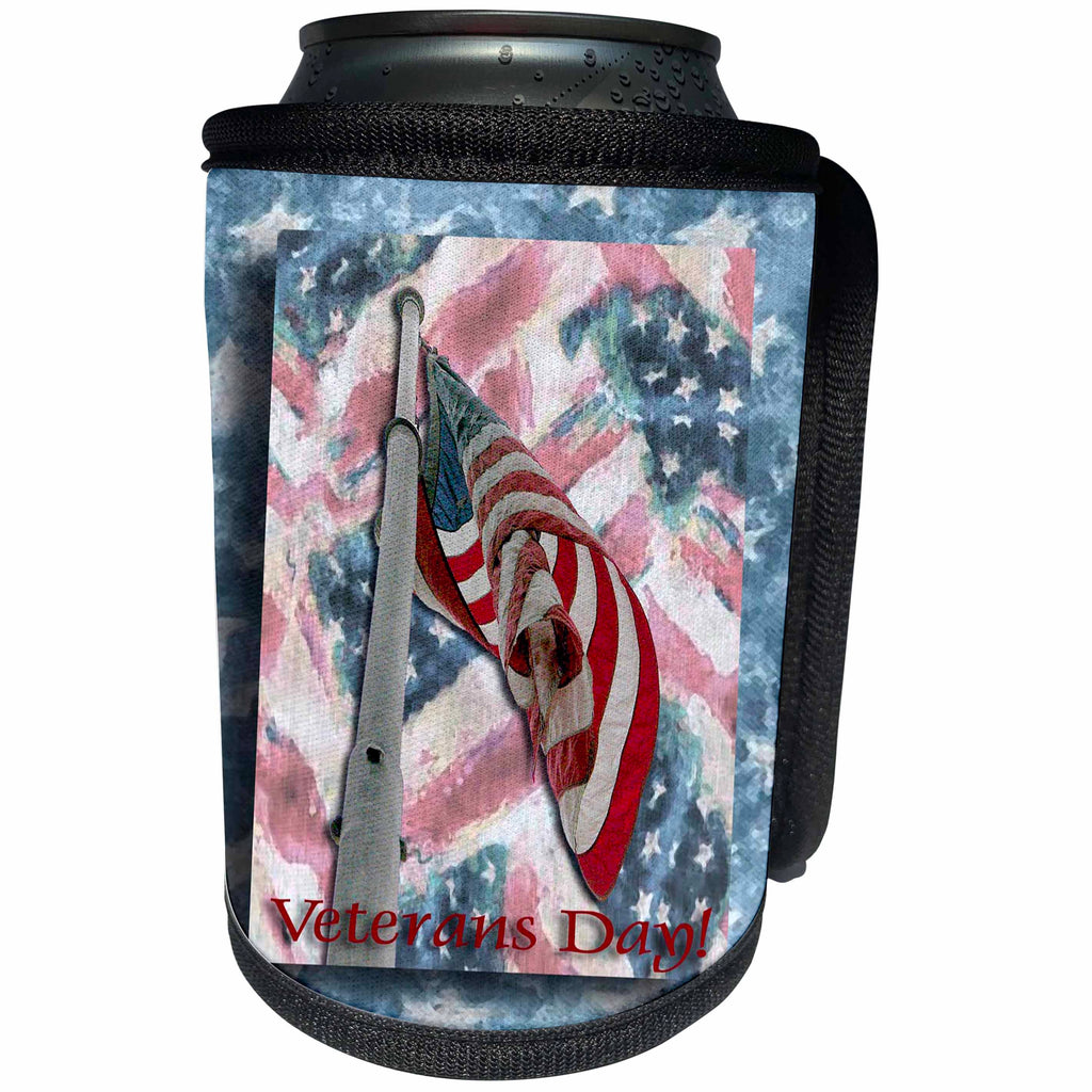 3dRose Beverly Turner Veterans Day Design - Flag on Pole Veterans Day - Can Cooler Bottle Wrap (cc_27353)