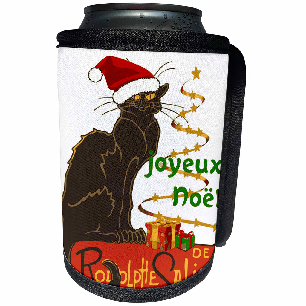 3dRose Taiche - Vector - Christmas Humor - Joyeux Noel Le Chat Noir Christmas Parody - Can Cooler Bottle Wrap (cc_273630)