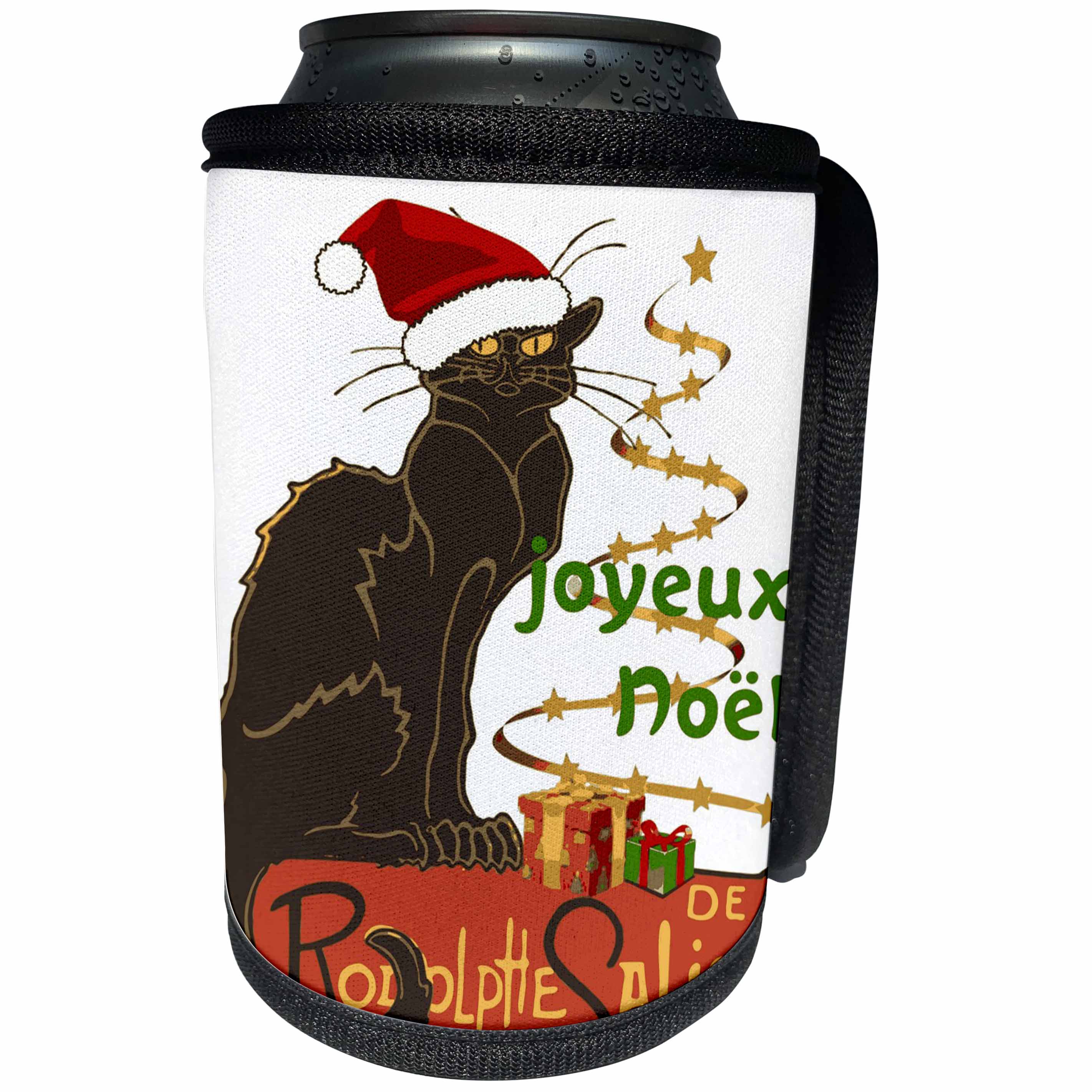 3dRose Taiche - Vector - Christmas Humor - Joyeux Noel Le Chat Noir Christmas Parody - Can Cooler Bottle Wrap (cc_273630)