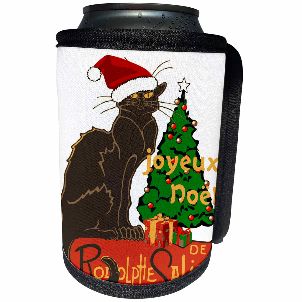 3dRose Taiche - Vector - Christmas Humor - Joyeux Noel Le Chat Noir With Tree And Gifts - Can Cooler Bottle Wrap (cc_273632)