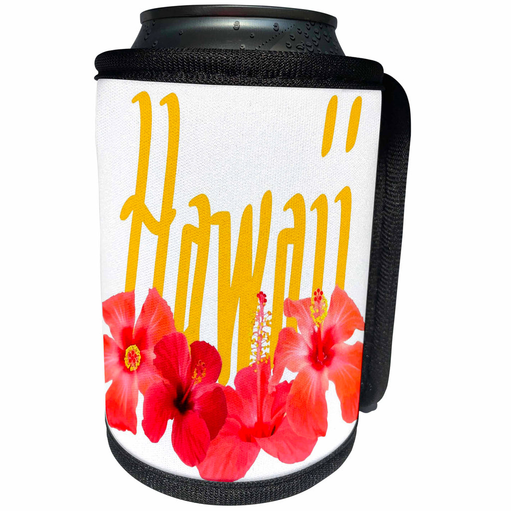 3dRose Taiche - Typography - Hawaii - Hawaii Text With Aloha Hibiscus Garland - Can Cooler Bottle Wrap (cc_273636)