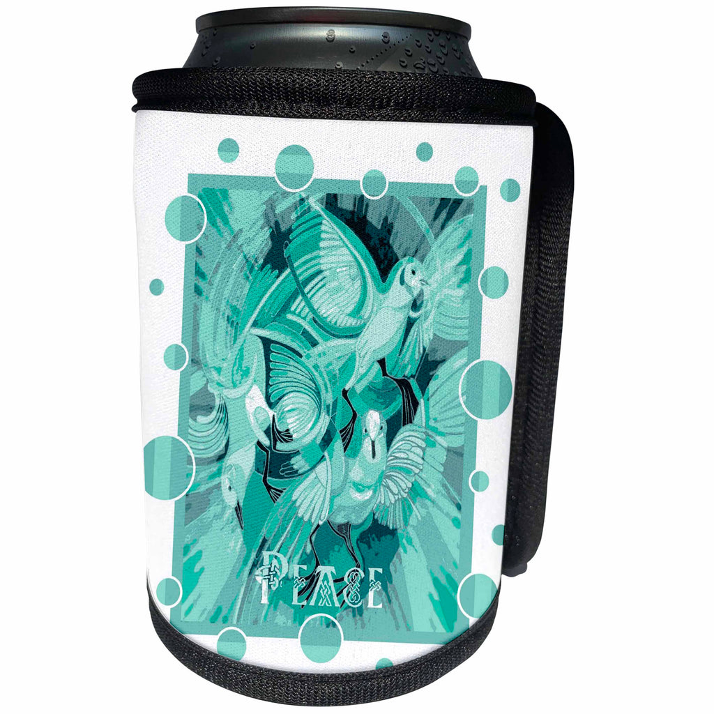 3dRose Taiche - Acrylic Painting - Peace Doves - Dove With Celtic Peace Text In Aqua Tones - Can Cooler Bottle Wrap (cc_273646)