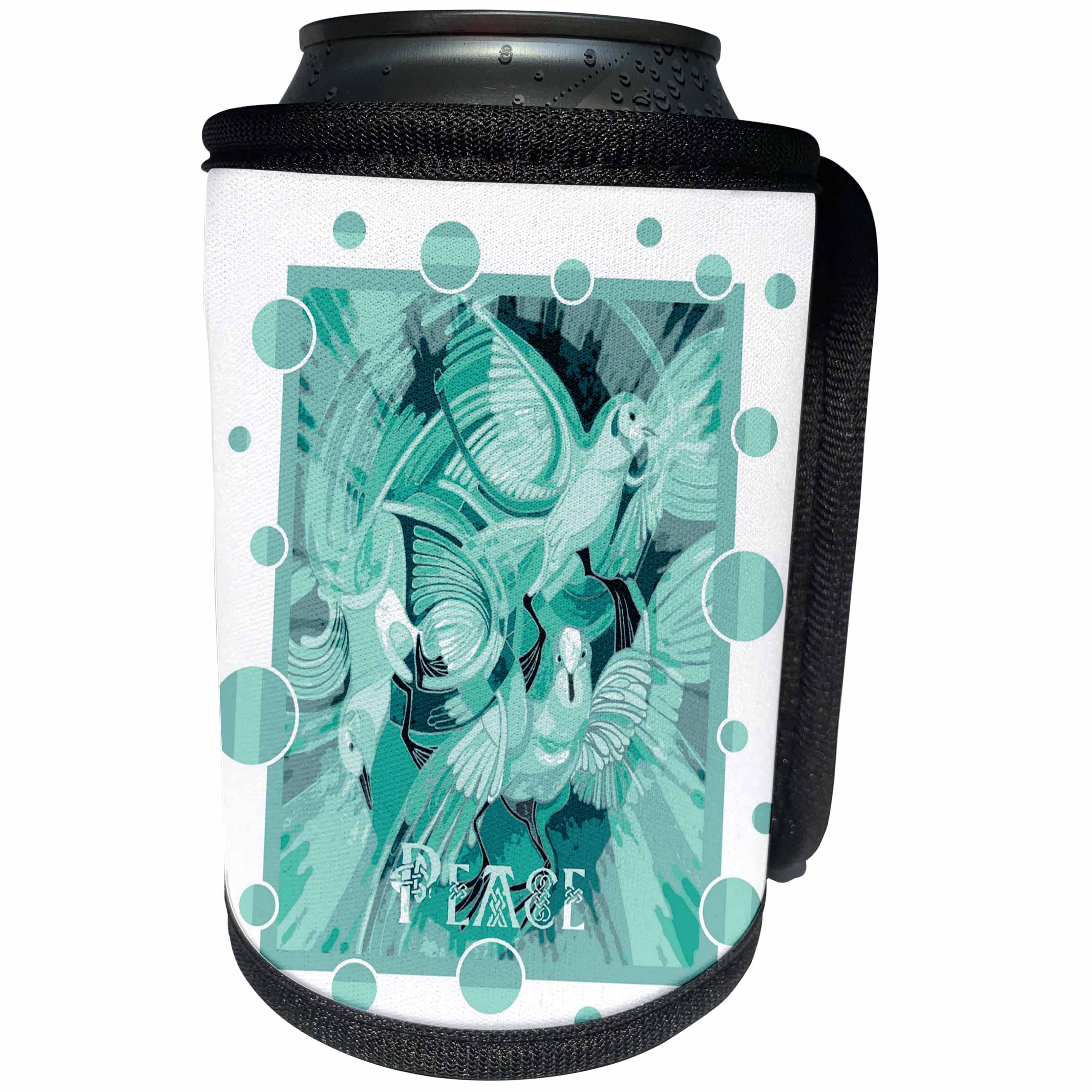 3dRose Taiche - Acrylic Painting - Peace Doves - Dove With Celtic Peace Text In Aqua Tones - Can Cooler Bottle Wrap (cc_273646)