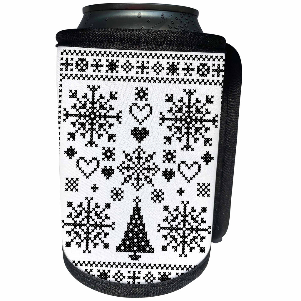 3dRose Taiche - Vector - Cross Stitch Sampler - Christmas Cross Stitch Embroidery Sampler Black And White - Can Cooler Bottle Wrap (cc_273647)