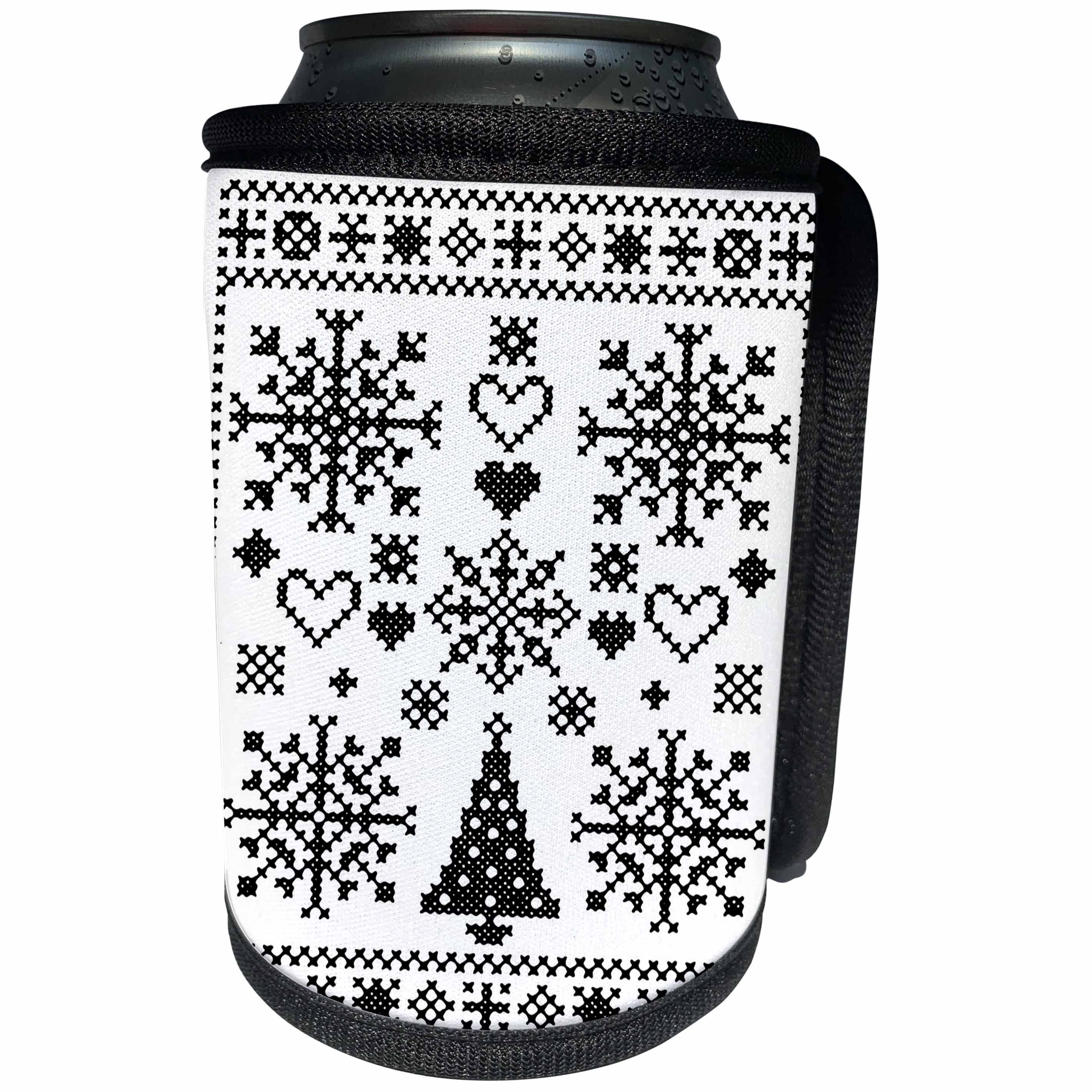3dRose Taiche - Vector - Cross Stitch Sampler - Christmas Cross Stitch Embroidery Sampler Black And White - Can Cooler Bottle Wrap (cc_273647)