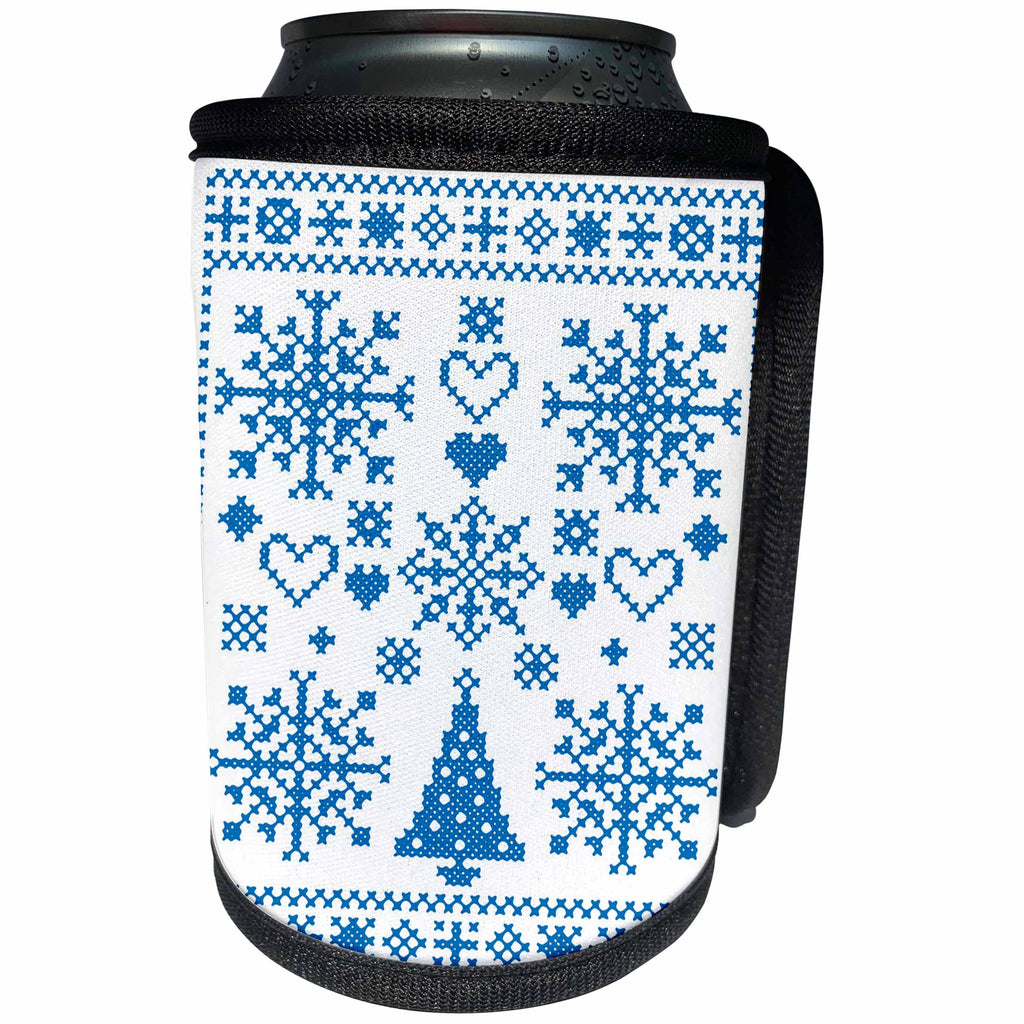 3dRose Taiche - Vector - Cross Stitch Sampler - Christmas Cross Stitch Embroidery Sampler Teal And White - Can Cooler Bottle Wrap (cc_273649)