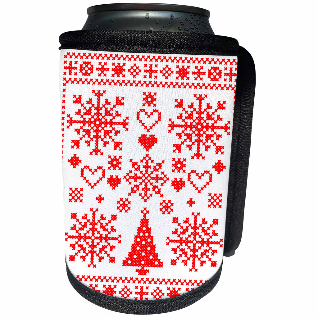 3dRose Taiche - Vector - Cross Stitch Sampler - Christmas Cross Stitch Embroidery Sampler Red And White - Can Cooler Bottle Wrap (cc_273651)